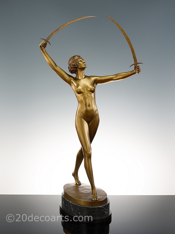   Art Deco bronze sculpture for sale circa 1925, the dancer holding two swords