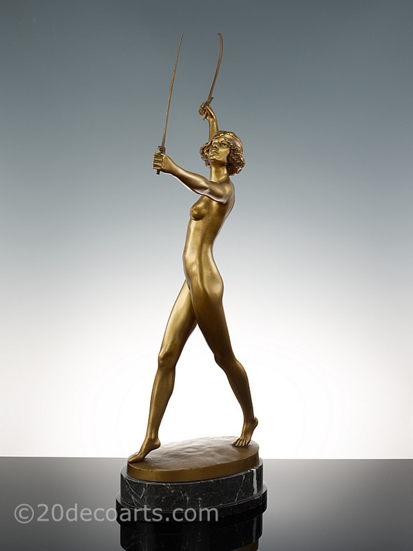   Art Deco bronze sculpture for sale circa 1925, the dancer holding two swords.