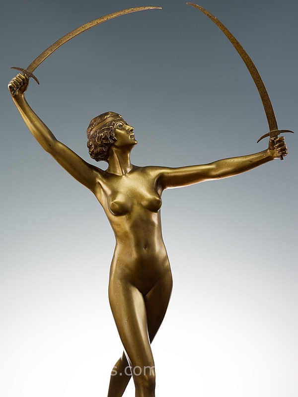   Art Deco bronze sculpture for sale circa 1925, the dancer holding two swords