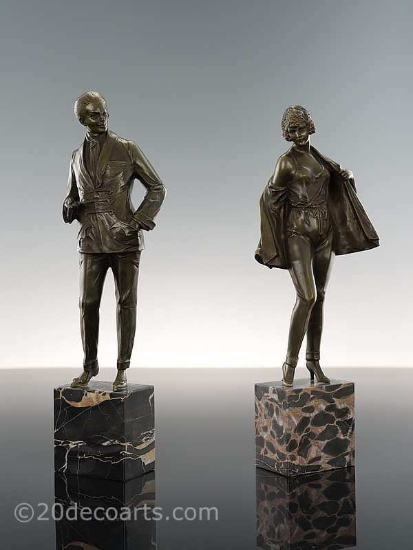  Bruno Zach - Art Deco bronze sculptures, Vienna, Austria 1925, the pair depicting a young man in smoking attire and evening slippers, holding a cigarette and the young woman in camisole and trousers