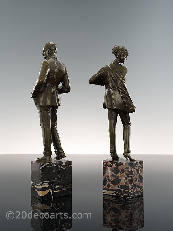  Bruno Zach - Art Deco bronze sculptures, Vienna, Austria 1925, the pair depicting a young man in smoking attire and evening slippers, holding a cigarette and the young woman in camisole and trousers