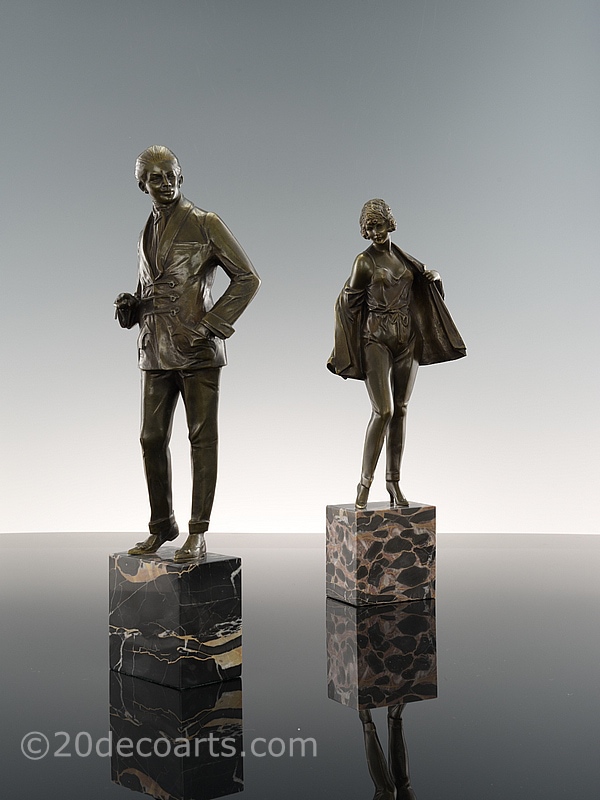   Bruno Zach - Art Deco bronze sculptures, Vienna, Austria 1925, the pair depicting a young man in smoking attire and evening slippers, holding a cigarette and the young woman in camisole and trousers