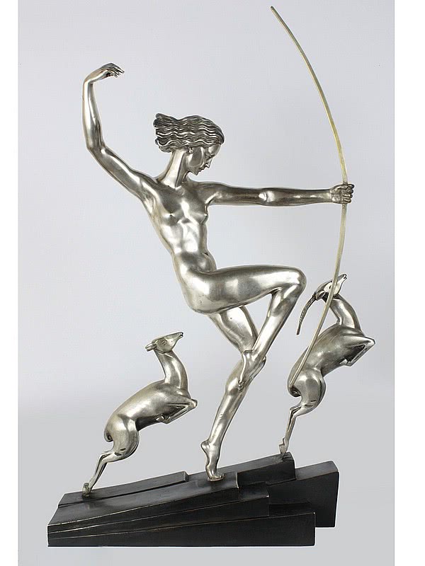  20th Century Decorative Arts |Diana with Fawns - Bouraine Art Deco Bronze Figure