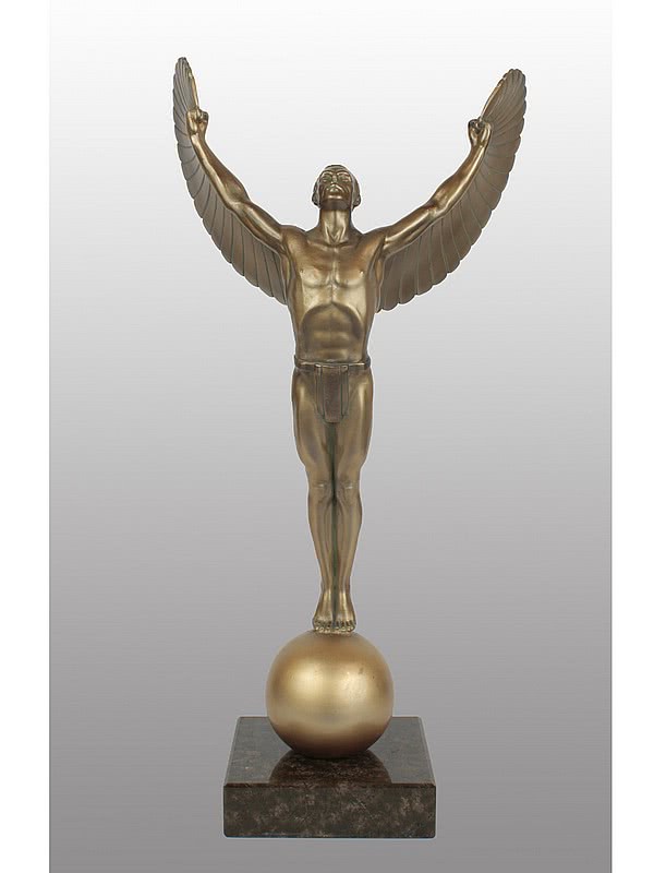  20th Century Decorative Arts |"ICARUS" a cold-painted spelter figure,  Germany circa 1930, from a model by Otto Schmidt-Hofer cast as the Greek mythological character with wings outstretched mounted on a granite base