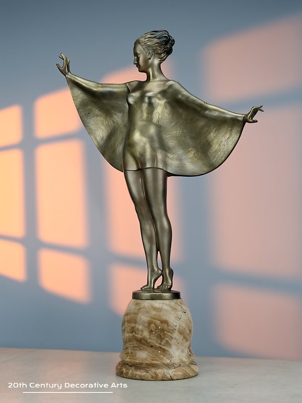  Josef Lorenzl - A Large Art Deco Austrian bronze figure titled Dancer with Cape, circa 1930  