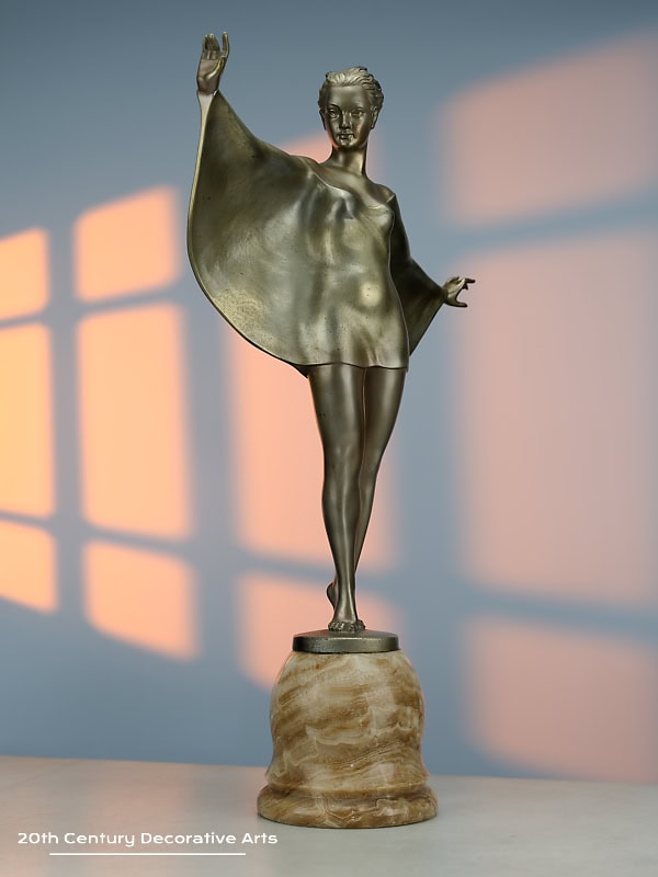   Josef Lorenzl - A Large Art Deco Austrian bronze figure titled Dancer with Cape, circa 1930 