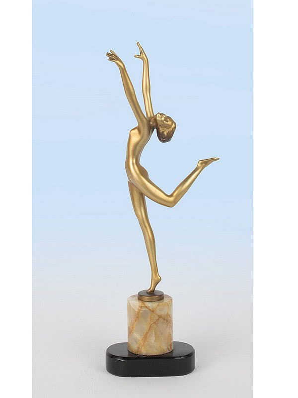  20th Century Decorative Arts |A stylish Art Deco Austrian bronze figure by Josef Lorenzl "Arabesque", circa 1930s depicting a dancer with a gold cold-painted and enamelled finish, mounted on an unusual black and green onyx base 