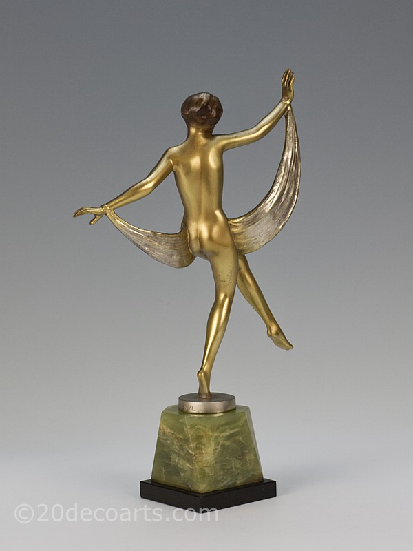  20th Century Decorative Arts |A stylish Art Deco bronze figure by Josef Lorenzl, Vienna Austria circa 1930 the young woman dancing with her scarf. Gold cold painted bronze with enamel mounted on a shaped green Brazilian onyx and black marble base. 