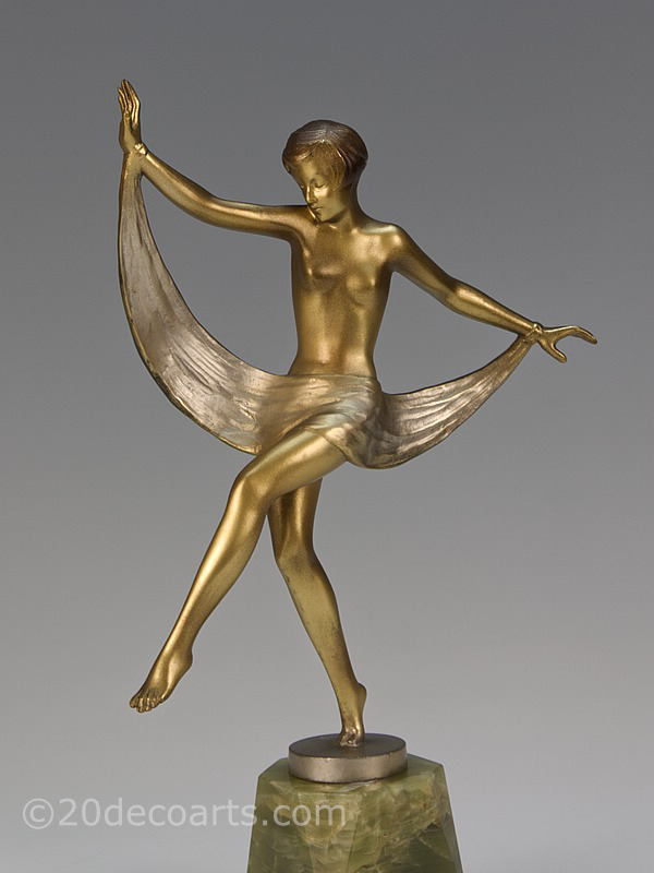  20th Century Decorative Arts |A stylish Art Deco bronze figure by Josef Lorenzl, Vienna Austria circa 1930 the young woman dancing with her scarf. Gold cold painted bronze with enamel mounted on a shaped green Brazilian onyx and black marble base. 