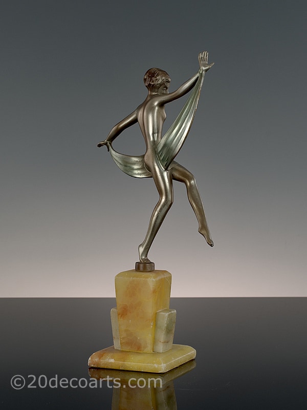   Art Deco spelter figure by Josef Lorenzl, Vienna Austria circa 1930 the young woman dancing with her scarf.  