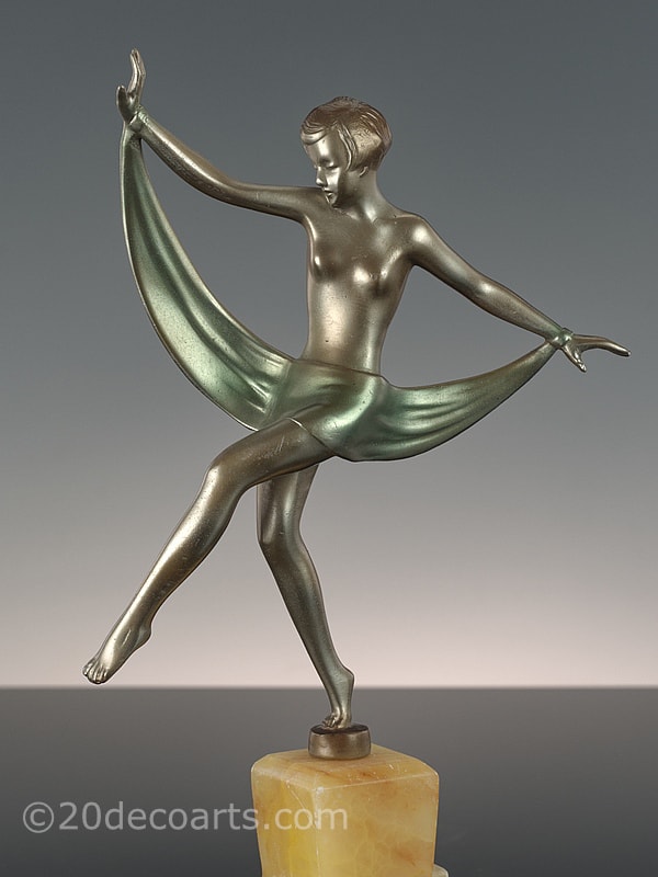   Art Deco spelter figure by Josef Lorenzl, Vienna Austria circa 1930 the young woman dancing with her scarf.  