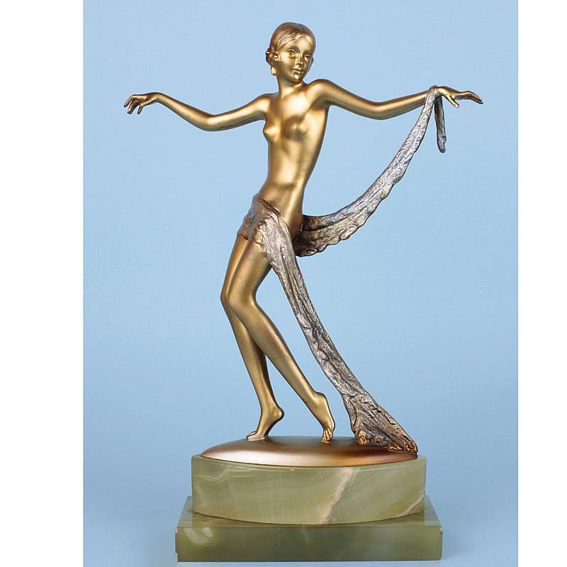  20th Century Decorative Arts |A rare Art Deco Austrian bronze figure by Josef Lorenzl, circa 1925 depicting a dancer with drape and a gilded and enamelled cold-painted finish, mounted on a shaped green onyx base