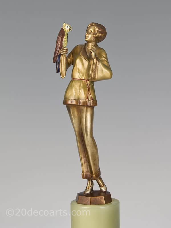  20th Century Decorative Arts |art deco bronze figure by Josef Lorenzl, Pyjama Girl with Parrot