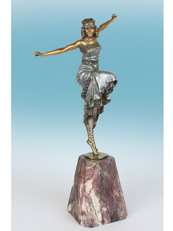  20th Century Decorative Arts |"Russian Dancer" a classic Art Deco cold-painted bronze sculpture by Paul Philippe, France circa 1920's- the dancer en pointe wearing a bejewelled dress mounted on a rouge marble base